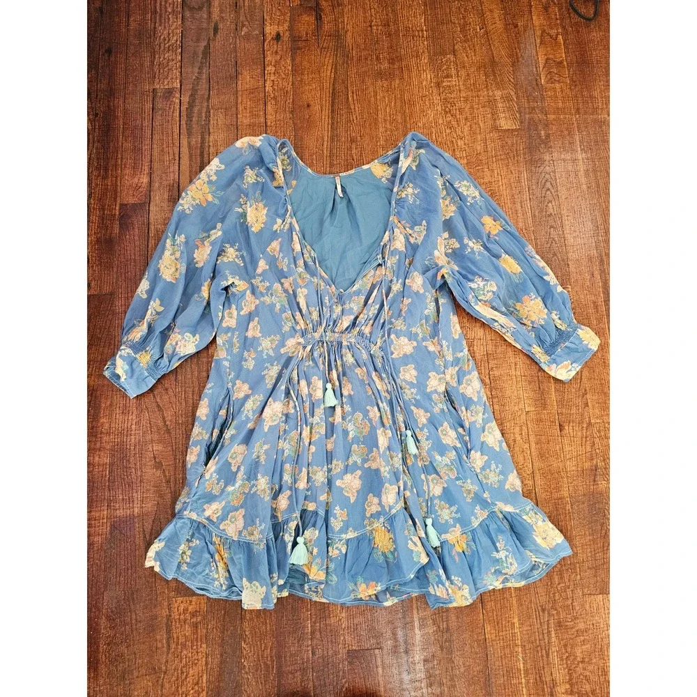 FREE PEOPLE Camella Floral‎ Bohemian Cottagecore Babydoll Mini Cotton Dress sz M